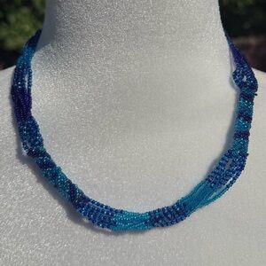 Handmade by Artist Light and Dark Blue Intricate Beaded Necklace